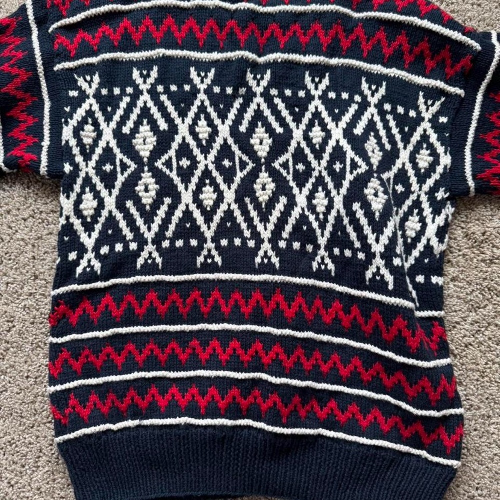 Navy and Red Patterned Men's Sweater - Picture 3 of 5